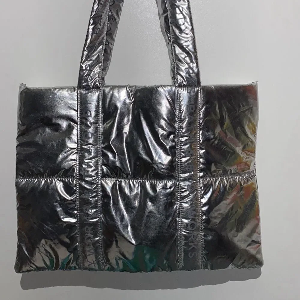 Bath‎ & Body Works Women's Silver Metallic Puffer Tote Hand Bag NWT